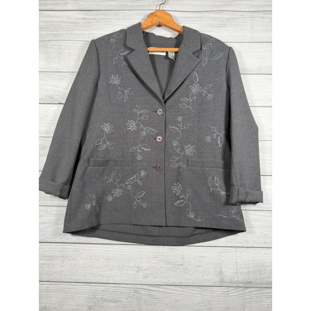 Alfred Dunner Womens 12 Gray Floral Embroidered 3 Button Blazer Jacket 4153